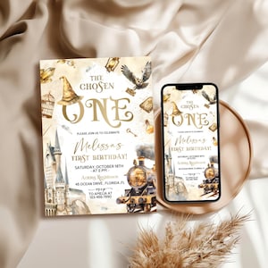 May include: A digital and printed invitation for a first birthday party with a whimsical theme. The invitation features a train, a castle, an owl, a cage, a key, and a hat. The text on the invitation reads "The Chosen One" and "Melissa's First Birthday!"