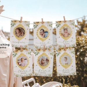 Bannière photo mensuelle du premier anniversaire des abeilles tournesol, bannière photo imprimable de la première année des abeilles, bannière mensuelle modifiable pour le 1er anniversaire des abeilles florales BS1