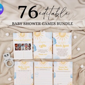 May include: A baby shower games bundle with 76 editable games. The cards feature watercolor sun and cloud designs. Games include "Who's that Celebrity?", "Diaper Raffle", and "Baby Sock Hunt". A plush toy and decorative balls are also in the image.