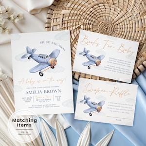 Blaue Flugzeug-Babyparty-Einladungs-Set, druckbare Up Up und Away-Dusche einladen, Vintage Reise-Dusche Evite, Flugzeug-Dusche Danke AR7