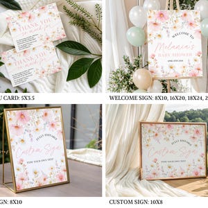 A digital Baby In Bloom shower kit with a baby shower invitation and matching stationery templates adorned with delicate pink cosmos wildflowers and green foliage framing a “Baby In Bloom” script title on a white background, ready for customization in Canva.