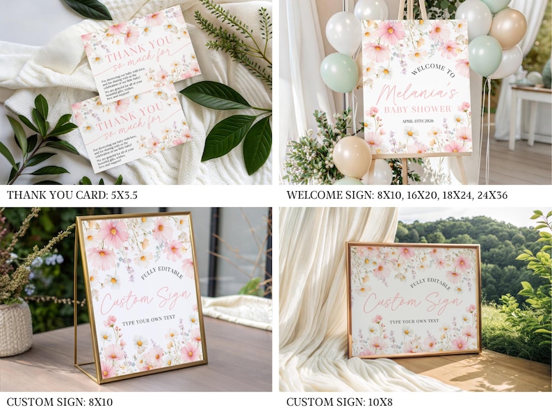 A digital Baby In Bloom shower kit with a baby shower invitation and matching stationery templates adorned with delicate pink cosmos wildflowers and green foliage framing a “Baby In Bloom” script title on a white background, ready for customization in Canva.