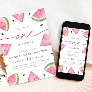 Bearbeitbare Wassermelonen-Einladungsvorlage zum ersten Geburtstag, Mädchen eins in einer Melonen-Geburtstagsfeier Evite, rosa Sommer-Einladung zum 1. Geburtstag BK11