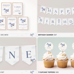 May include: A set of printable party decorations for a first birthday party with a blue and white airplane theme. The set includes 8 table signs, a birthday banner, a chair banner, and 7 cupcake toppers. The signs feature the words "Photo Booth", "Cards and Gifts", "Favors", "In-Flight Snacks", and "Happy Birthday".
