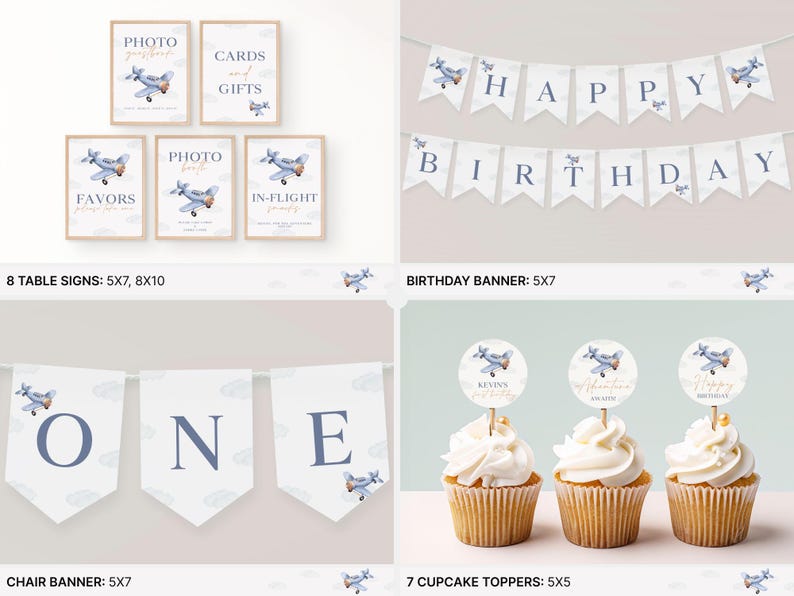 May include: A set of printable party decorations for a first birthday party with a blue and white airplane theme. The set includes 8 table signs, a birthday banner, a chair banner, and 7 cupcake toppers. The signs feature the words "Photo Booth", "Cards and Gifts", "Favors", "In-Flight Snacks", and "Happy Birthday".