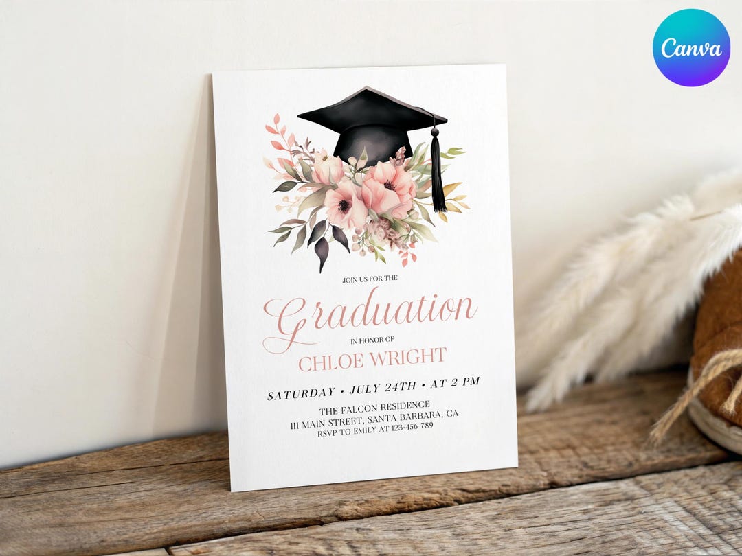 Spring Graduation Party Invitation, Floral Graduation Hat Invitation ...