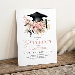 Frühlings-Abschluss-Party Einladung, Blumen-Abschluss-Hut-Einladung, digitale High School Grad Mobile Evite, moderne Einladungsvorlage