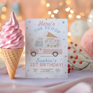 Pink Ice Cream Truck 1st Birthday Invite, Here’s the Scoop First Birthday Invitation, Editable Ice Cream Van Birthday Party Mobile Evite