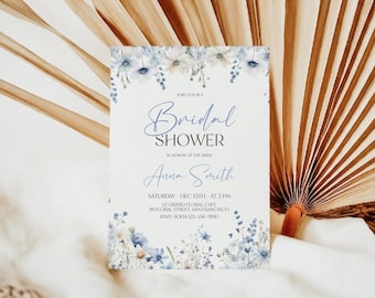 Dusty Blue Floral Bridal Invitation, Wildflower Bridal Shower Invitation, Pastel Blue Bridal Party Invite, Light Blue Bridal Shower Invite