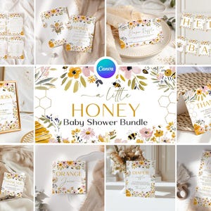 May include: A baby shower stationery set with a floral and bee design. The bundle includes invitations, signs, and a banner saying "HELLO BABY". The colour scheme features yellow, pink, and green.