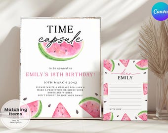 Puede incluir: Un conjunto de letreros y tarjetas con un diseño de sandía. El letrero dice "TIME capsule" y "EMILY'S 18TH BIRTHDAY!" con espacio para mensajes. La tarjeta está diseñada para un mensaje personal.
