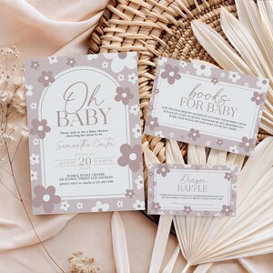 Druckbares Gänseblümchen-Babyparty-Einladungsset, bearbeitbare Blumen-Babyparty-Einladungsvorlage, Pastellfrühlings-Babyparty-Windel-Verlosungskarte