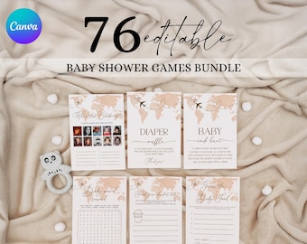 May include: A bundle of 76 editable baby shower game cards featuring a world map design in soft beige tones. The cards include titles such as Who's That Celebrity, Diaper Raffle, Baby Sock Hunt, Baby Word Search, Trust Your Bucket List, and Guess the Baby Food.
