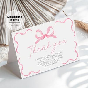Coquette Baby Shower Thank You Card, Pink Bow Baby Shower Thank You Card, Girl Coquette Bow Shower Thank You, Bow Shower Thank You Note PW2