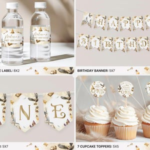 K&ouml;nnte beinhalten: Eine Sammlung von Partydekorationen mit magischem Thema. Enth&auml;lt Wasserflaschenetiketten, ein Banner mit der Aufschrift "Happy Birthday", ein Stuhlbanner mit der Aufschrift "ONE" und Cupcake-Topper. Die Dekorationen haben einen Vintage-Stil.