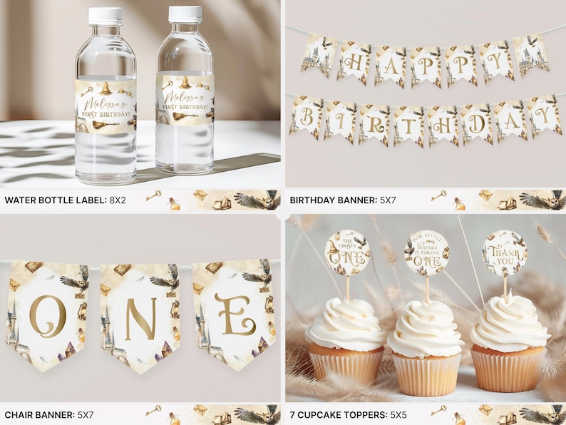 K&ouml;nnte beinhalten: Eine Sammlung von Partydekorationen mit magischem Thema. Enth&auml;lt Wasserflaschenetiketten, ein Banner mit der Aufschrift "Happy Birthday", ein Stuhlbanner mit der Aufschrift "ONE" und Cupcake-Topper. Die Dekorationen haben einen Vintage-Stil.