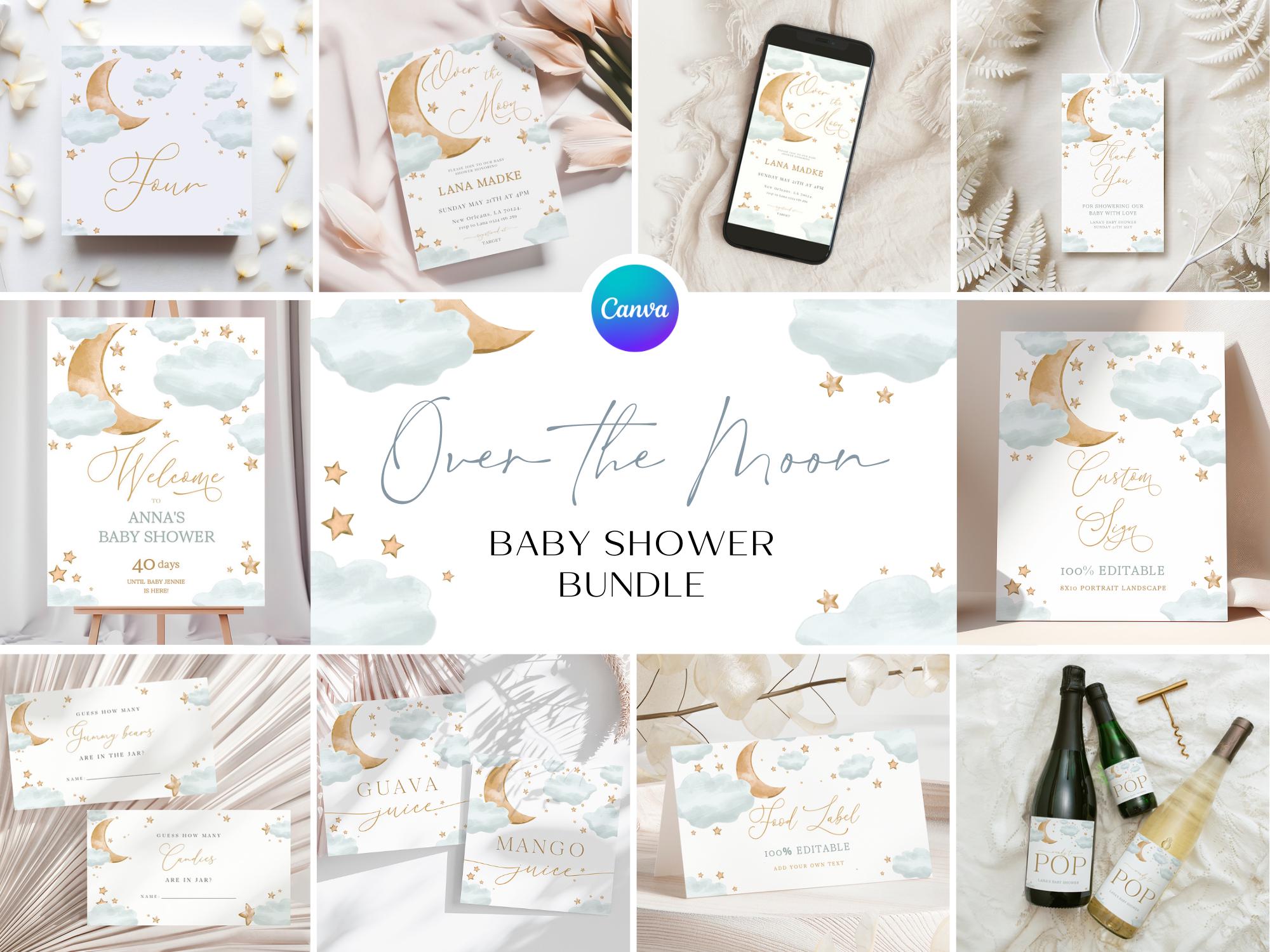Over The Moon Baby Shower Bundle Printable Moon Baby Shower Invitation Moon Stars Invitation Editable Games Blue Gold Baby Shower Moon PQ4