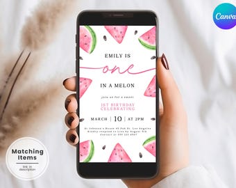 Watermelon First Birthday Digital Invite Summer Text 1st Birthday Invite Pink Watermelon Bday Evite One In A Melon Evite BK11