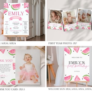 May include: A set of printable watermelon-themed party signs for a first birthday. The signs include a milestone sign, a welcome sign, a photo thank you card, and a first year photo sign. The signs feature a watercolor illustration of watermelons and the name "Emily".