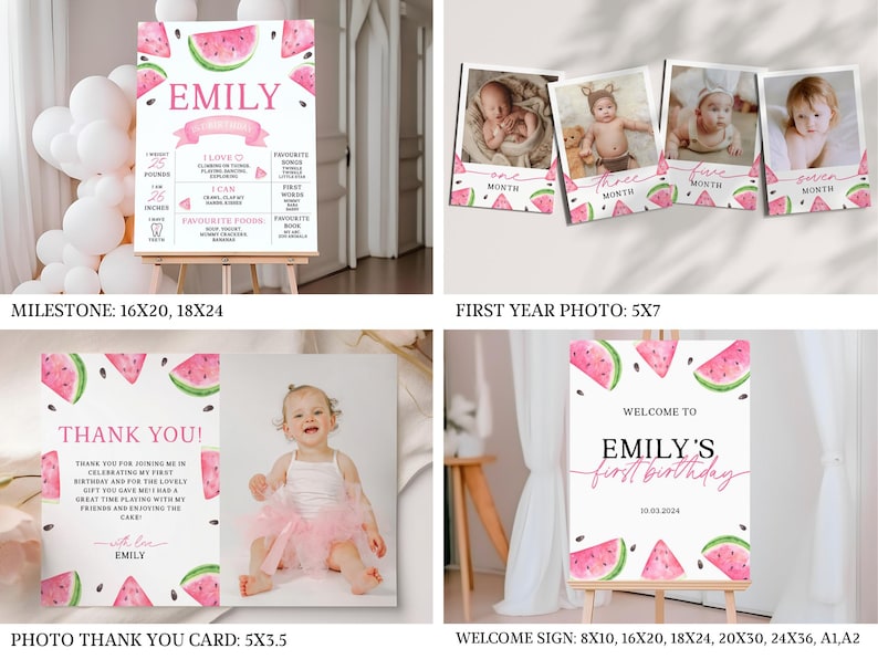 May include: A set of printable watermelon-themed party signs for a first birthday. The signs include a milestone sign, a welcome sign, a photo thank you card, and a first year photo sign. The signs feature a watercolor illustration of watermelons and the name "Emily".