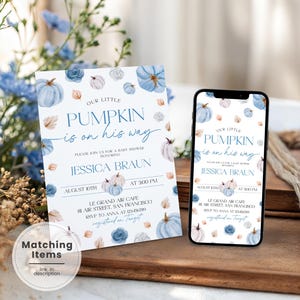 Blue Little Pumpkin Baby Shower Invitation, Boy Pumpkin Baby Shower Invite, Autumn Baby Shower Text Invite, Blue Pumpkin Shower Evite BW2