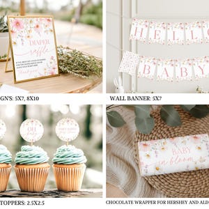 A flatlay showcasing a digital Baby In Bloom pink cosmos wildflower baby shower kit with editable Canva templates including invitation card, signage, and thank you notes adorned with delicate watercolor-style flowers on a soft pastel background.