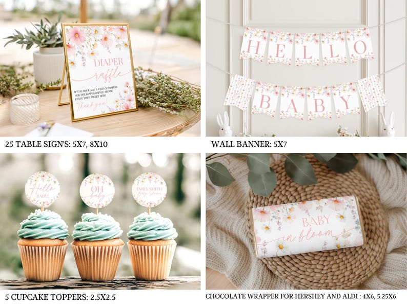 A flatlay showcasing a digital Baby In Bloom pink cosmos wildflower baby shower kit with editable Canva templates including invitation card, signage, and thank you notes adorned with delicate watercolor-style flowers on a soft pastel background.