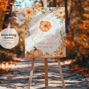 Rustic Pumpkin Baby Shower Welcome Sign, Autumn Baby Shower Welcome, Girl Pumpkin Shower Welcome Board, Editable Fall Floral Baby Sign KN2