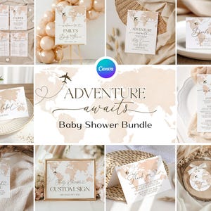 May include: A collection of baby shower stationery featuring a beige world map theme with airplane graphics and cursive text. The set includes invitation cards, food labels, menu cards, thank you tags, and custom signs with the text Adventure Awaits.