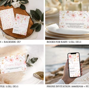 Soft pink cosmos blooms and green foliage frame a collection of editable baby shower stationery templates on white backgrounds, including invitations, RSVP cards, signage, and thank-you notes in coordinating script and serif typography.