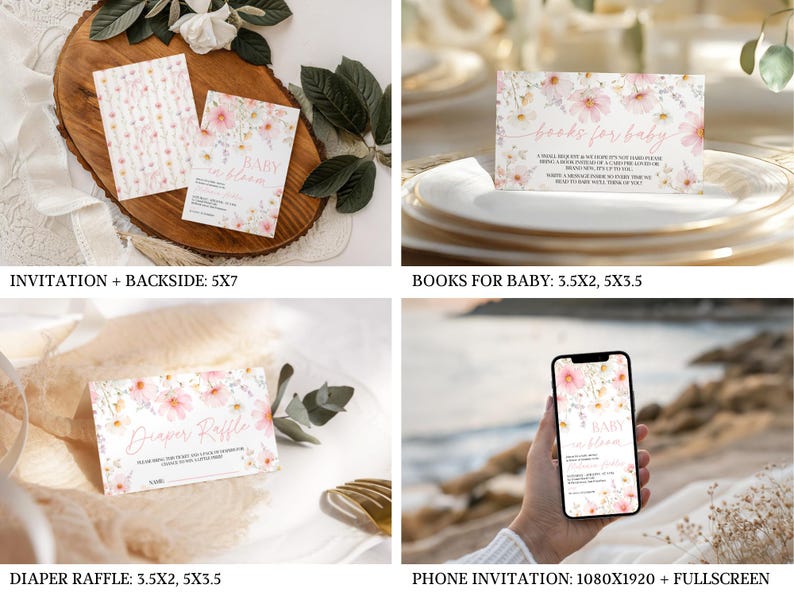 Soft pink cosmos blooms and green foliage frame a collection of editable baby shower stationery templates on white backgrounds, including invitations, RSVP cards, signage, and thank-you notes in coordinating script and serif typography.
