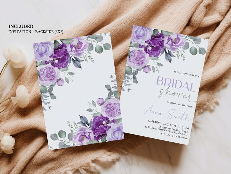 May include: Purple floral bridal shower invitation with the text "Please join us for a bridal shower in honour of the bride Anna Smith" and details for the event.