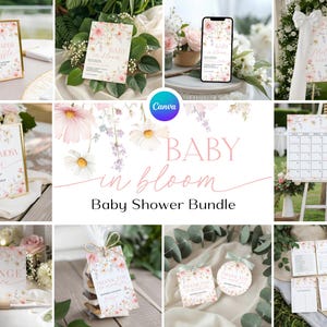 Baby In Bloom Bundle featuring a pink cosmos wildflower shower kit with editable Canva templates showcasing watercolor-style floral illustrations in soft pink and green hues for baby shower invitations, signage, and coordinating printable décor.