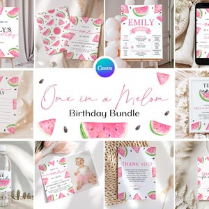 Puede incluir: Paquete de imprimibles para una fiesta de primer cumpleaños con temática de sandía con un cartel de bienvenida, una invitación, una tarjeta de agradecimiento, una cápsula del tiempo, una etiqueta para botella de agua y un cartel que dice "Gracias por venir". El diseño presenta ilustraciones de acuarela de rodajas de sandía y semillas.