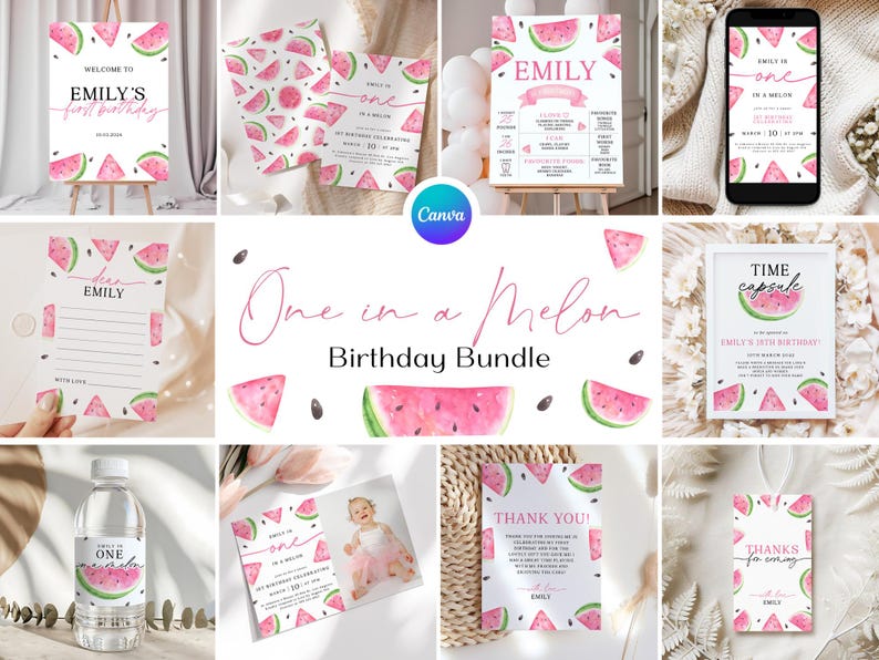 May include: Watermelon-themed first birthday party printable bundle with a welcome sign, invitation, thank you card, time capsule, water bottle label, and a sign that says "Thanks for coming". The design features watercolor illustrations of watermelon slices and seeds.