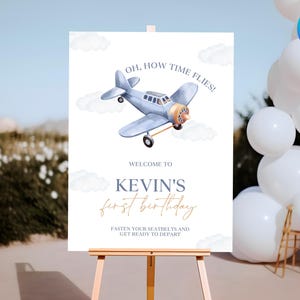 Placa de boas-vindas de aniversário de avião, pôster de boas-vindas de 1º aniversário do Time Flies, decoração de festa de aniversário de piloto de jato, placa de boas-vindas de primeiro aniversário de avião FL2