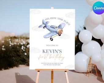Airplane Birthday Welcome Sign, Time Flies 1st Birthday Welcome Poster, Jet Pilot Bday Party Decor, Plane First Birthday Welcome Board FL2