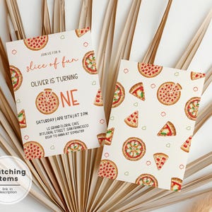 May include: A printable invitation for a first birthday party with a pizza theme. The invitation features a pizza slice with the text "Join us for a slice of fun Oliver is turning one". The background is a pattern of pizza slices.