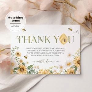 Zonnebloem bee babyshower bedankkaart, mama aan bij babyshower bedankje, afdrukbare honingbij onderweg bedankje BS2