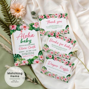 Aloha Babyparty Einladungsset, Hawaiianische Babyparty einladen, Luau Babyparty Evite, bearbeitbare Hibiskus Babyparty Dankeskarte RP2
