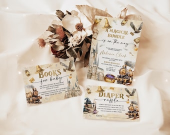 May include: Four printable cards for a baby shower with a magical theme. The cards are decorated with watercolor illustrations of a train, a castle, a book, and a diaper. The text on the cards reads "A Magical Bundle is on the Way", "Books for Baby", "Diaper Raffle", and "Please join us for a baby shower celebrating".