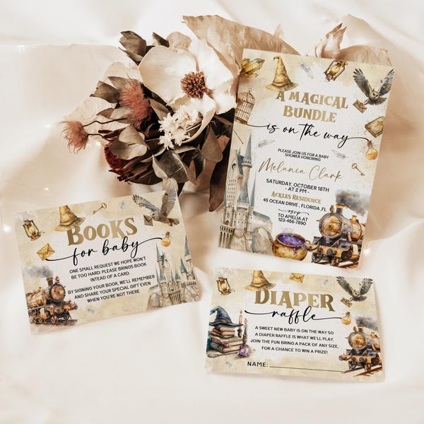 Invitación para baby shower de mago, invitación para baby shower de niño mágico, invitación editable para teléfono WZ2 para baby shower de brujas y magos.