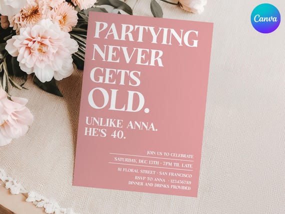Partying Never Gets Old Invitation, Pink Funny 40th Birthday Invite Card, Retro 40th Birthday Invite, Over the Hill Birthday Party Invite