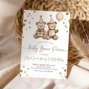 Set di inviti per il primo compleanno di Beary Twin, invito telefonico per la festa di compleanno di Teddy Bear, invito per il compleanno di Twin Boy e Girl, etichette per bomboniere di Teddy Bday