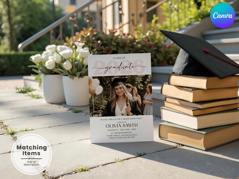A side-by-side display of a modern photo graduation invitation and mobile evite featuring a pink background, central portrait photo, minimalist white and gold lettering reading Class of 2026 and graduate name, clean layout on matte cardstock and smartphone screen
