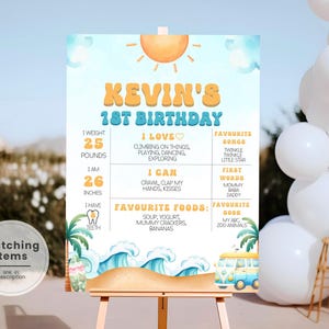 Hito de cumpleaños &quot;El Gran Primer Cumpleaños&quot;, Letrero de Hito de Primer Cumpleaños de Surf, Tablero de Estadísticas de Primer Cumpleaños de Surf, Póster de Hito de Fiesta de Cumpleaños en la Playa SUR1