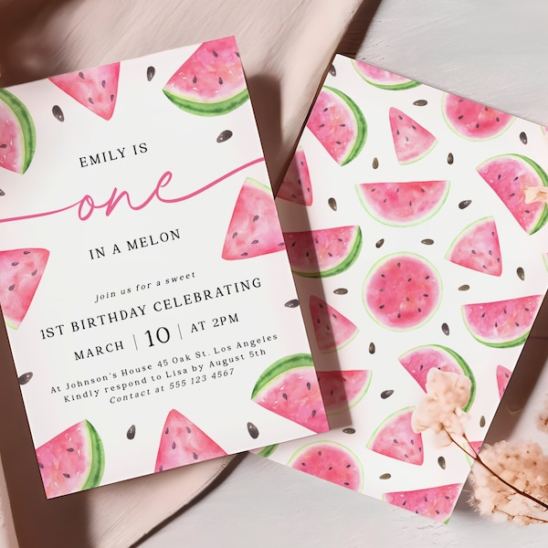 Watermelon First Birthday Invitation Set | Editable Girl Melon 1St Birthday Invitation | Printable Summer Watermelon Bday Invite Pack BK11