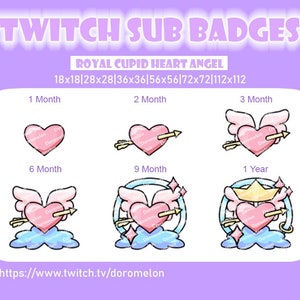 6 CUTE KAWAII Royal Cupid Heart Angel TWITCH Sub/Bit Badges, discord streamer emote