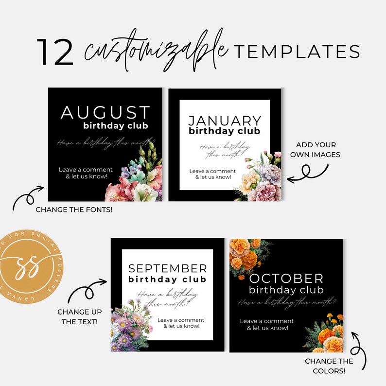 K&ouml;nnte beinhalten: Zw&ouml;lf anpassbare Social-Media-Vorlagen f&uuml;r Geburtstagsclubs. Jede Vorlage verf&uuml;gt &uuml;ber einen schwarzen Hintergrund mit wei&szlig;em Text und einem floralen Design. Die Monate August, Januar, September und Oktober sind abgebildet.
