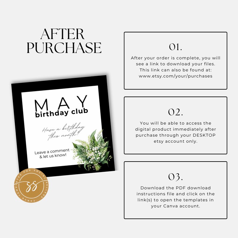 K&ouml;nnte beinhalten: Ein druckbarer digitaler Download f&uuml;r einen Mai-Geburtstagsclub. Das Design zeigt einen schwarzen Rahmen mit wei&szlig;em Text, der "MAY birthday club" lautet, und eine florale Illustration von wei&szlig;en Lilien. Der Text "Have a birthday this month!" ist in einer handschriftlichen Schriftart geschrieben. Der Text "Leave a comment & let us know!" ist ebenfalls enthalten. Das Bild enth&auml;lt Anweisungen zum Zugriff auf den digitalen Download nach dem Kauf.